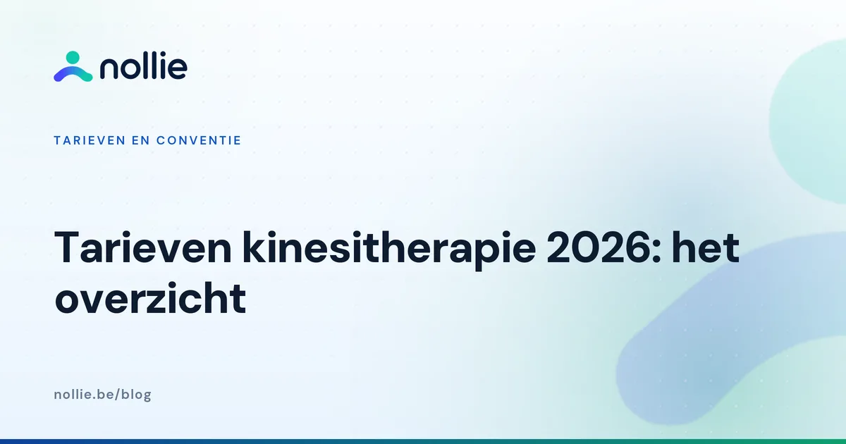 Overzichtskaart met de titel Tarieven kinesitherapie 2026: het overzicht, in de kleuren van de categorie Tarieven en conventie