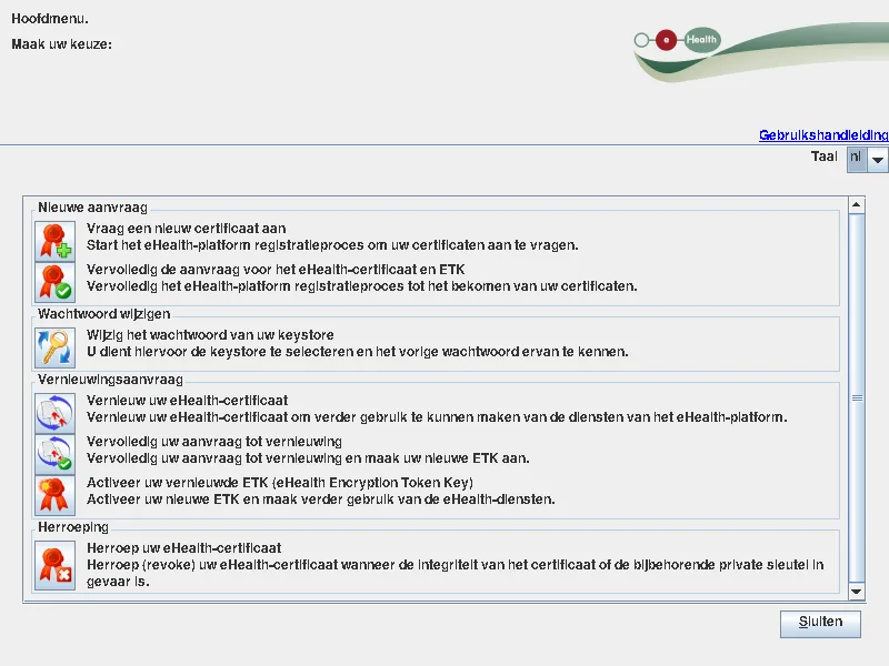 Hoofdmenu van de eHealth Certificate Manager met twee acties voor een nieuwe aanvraag en drie voor een vernieuwing